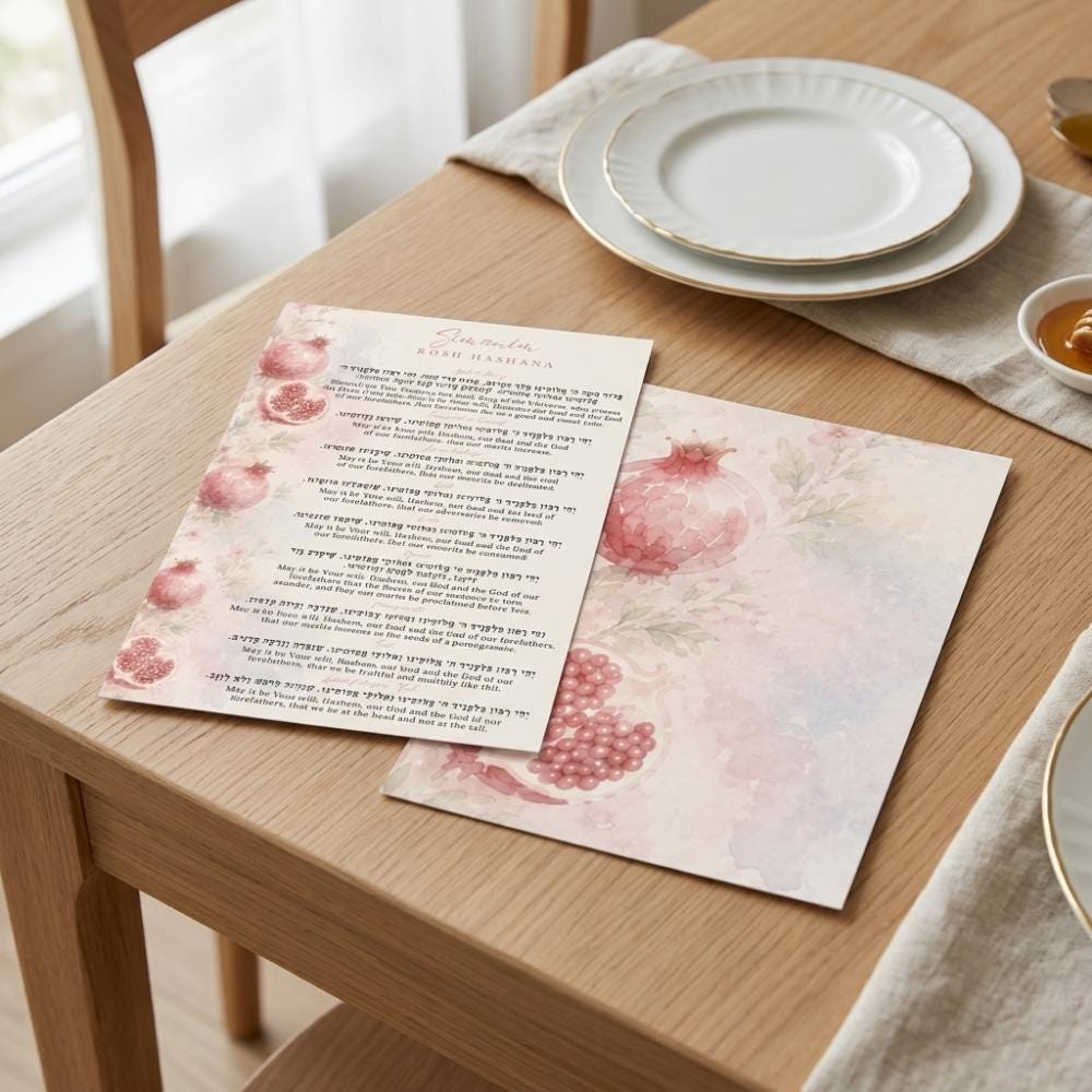 Pomegranate watecolor Ashkenazi Rosh Hashanah Simanim Card, Laminated 6x9 Jewish New Year Blessings
