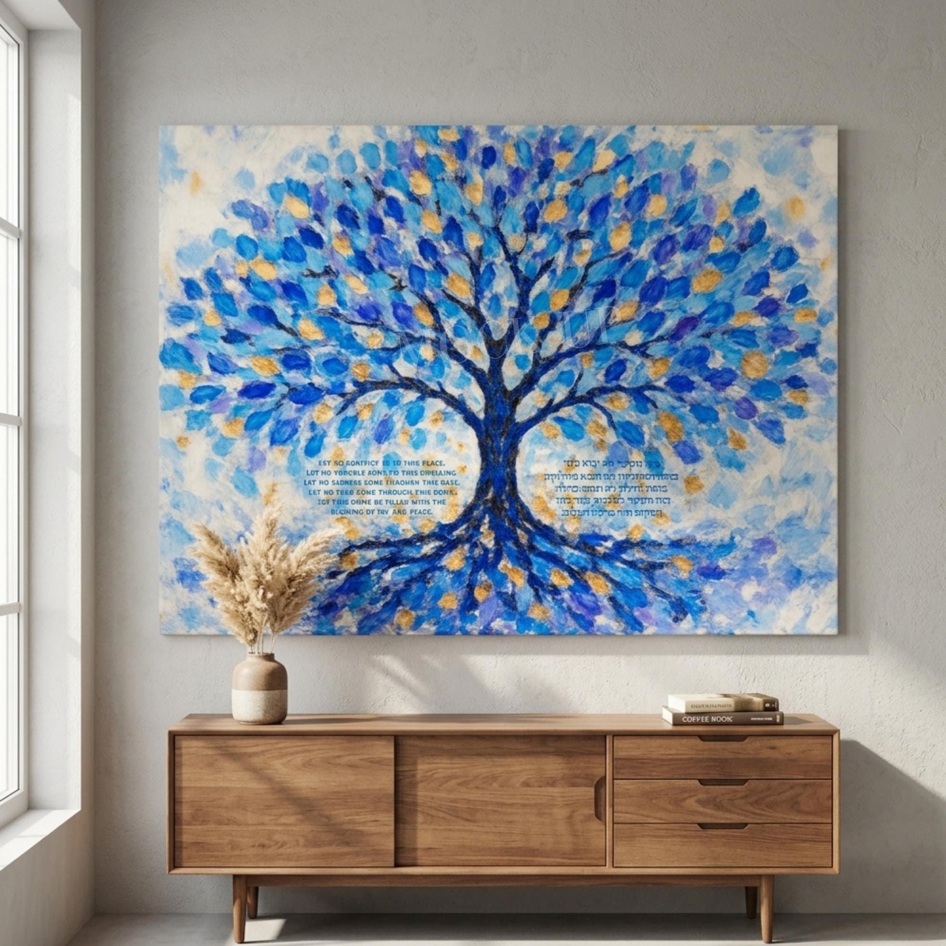 Tree of Life Birkat HaBayit Print, Jewish Home Blessing in Hebrew & English, Blue and Gold Judaica Wall Art, Housewarming Gift