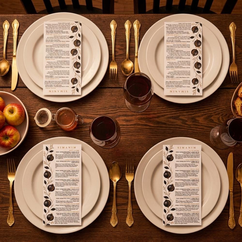 Laminated Rosh Hashanah Simanim Cards, Hebrew English Blessings, Ashkenazi or Sephardic, Black Pomegranate Jewish Table Decor, Set of 10