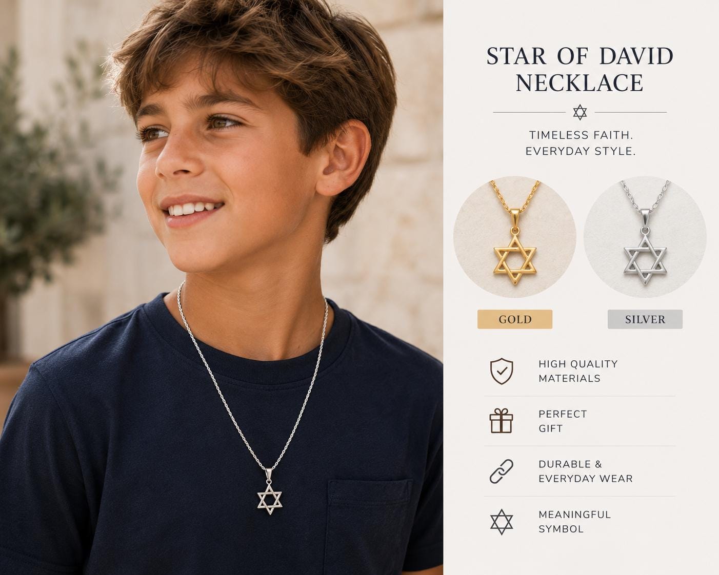 Stainless Steel Star of David Necklace, Gold or Silver Plated, Bar Bat Mitzvah Gift