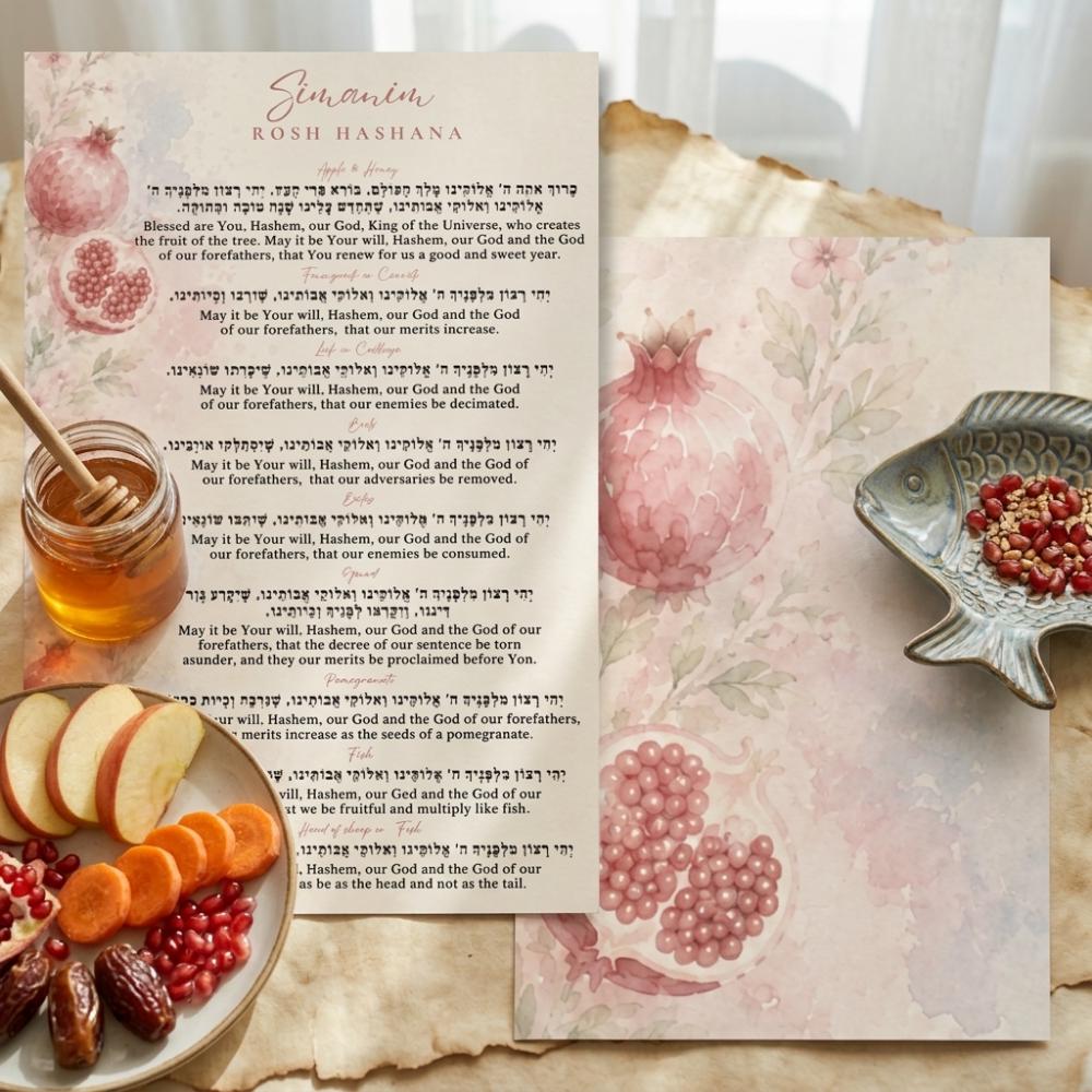 Pomegranate watecolor Ashkenazi Rosh Hashanah Simanim Card, Laminated 6x9 Jewish New Year Blessings