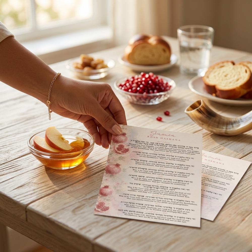 Pomegranate watecolor Ashkenazi Rosh Hashanah Simanim Card, Laminated 6x9 Jewish New Year Blessings
