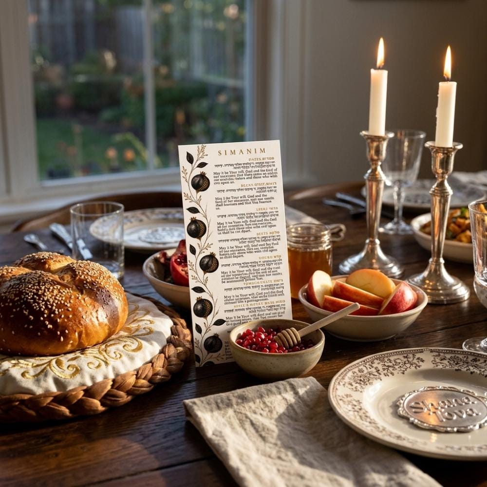 Laminated Rosh Hashanah Simanim Cards, Hebrew English Blessings, Ashkenazi or Sephardic, Black Pomegranate Jewish Table Decor, Set of 10
