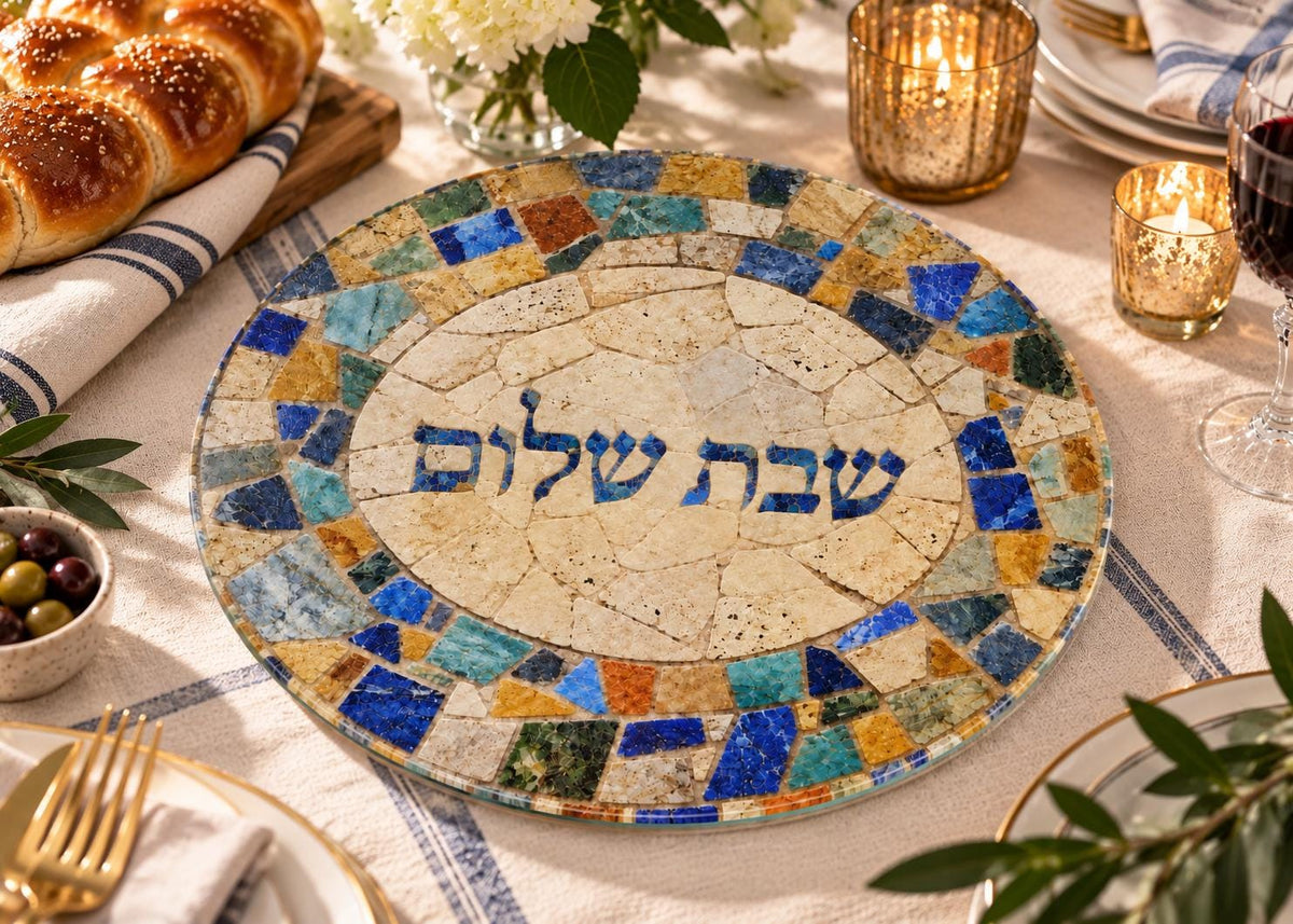 Mosaic Shabbos Shabbat Tray , Tempered Glass Jewish Wedding Gift, Judaica for Shabbat Table