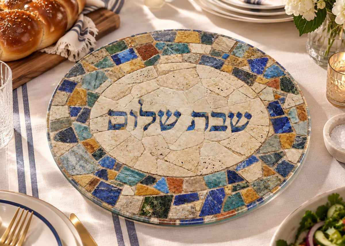 Mosaic Shabbos Shabbat Tray , Tempered Glass Jewish Wedding Gift, Judaica for Shabbat Table