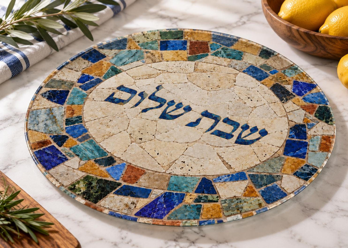 Mosaic Shabbos Shabbat Tray , Tempered Glass Jewish Wedding Gift, Judaica for Shabbat Table