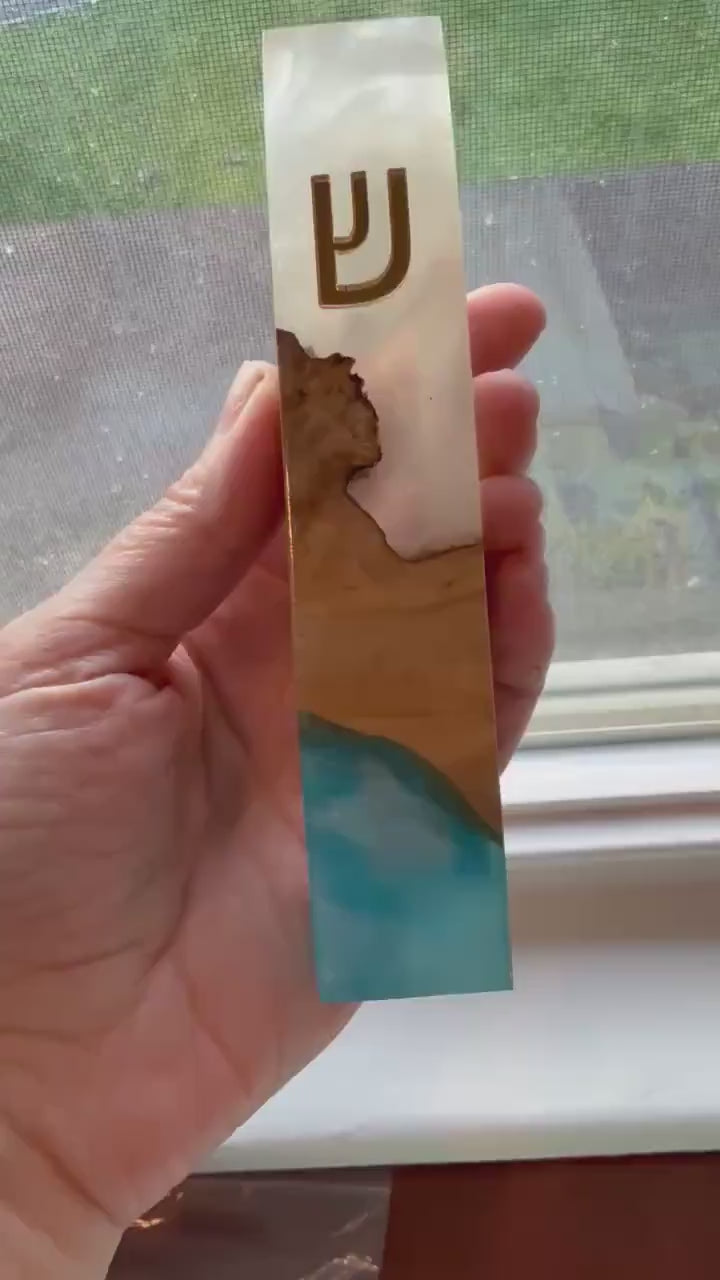 Blue and White Olive Wood Mezuzah Case | Modern Judaica Mezuzah | Handmade Jewish Home Decor | Resin Mezuzah for Front Door