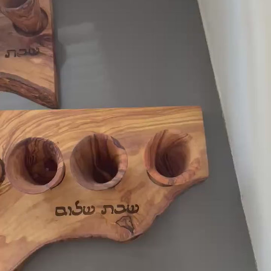 Olive Wood Shabbat Kiddush Cup Set Shabbat Shalom Hebrew Engraved Wooden Wine Cup Holder Judaica Wedding or Shabbat Gift Handmade Israel