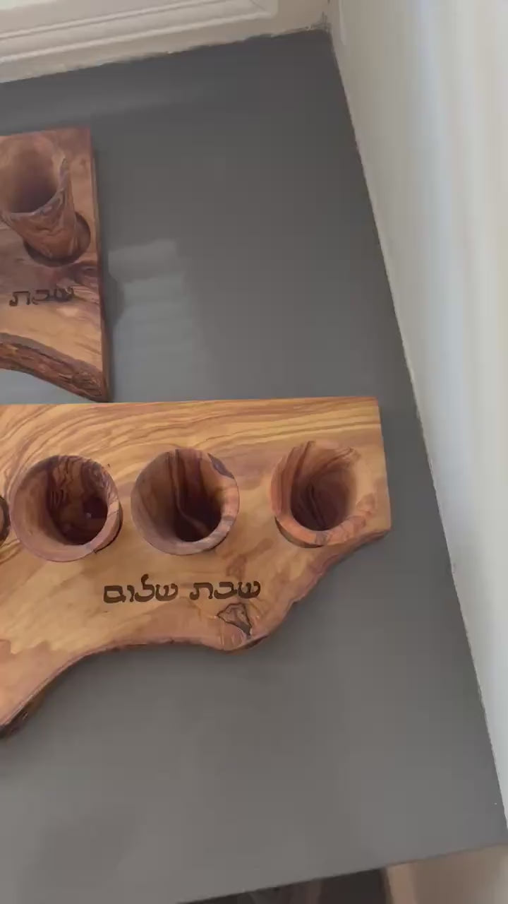 Olive Wood Shabbat Kiddush Cup Set Shabbat Shalom Hebrew Engraved Wooden Wine Cup Holder Judaica Wedding or Shabbat Gift Handmade Israel
