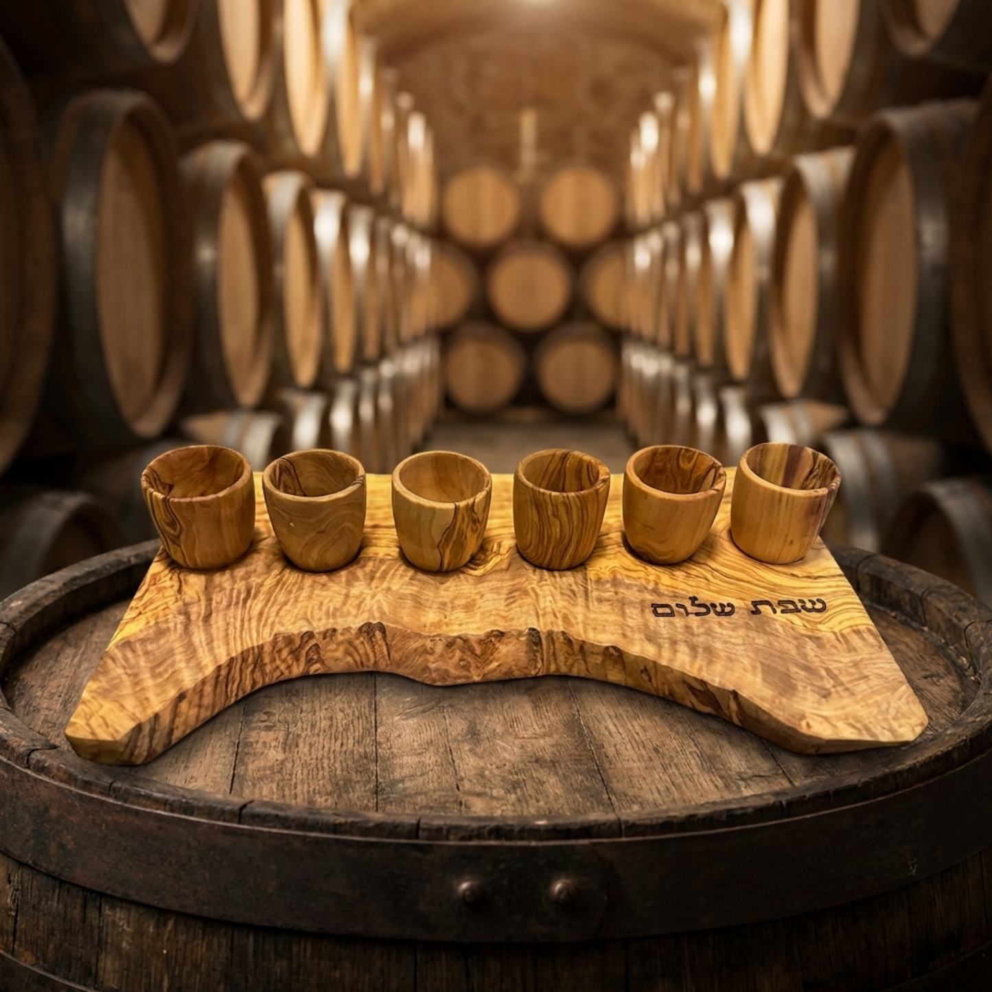 Handcrafted Olive Wood Kiddush Cup Set – Engraved Shabbat Shalom
