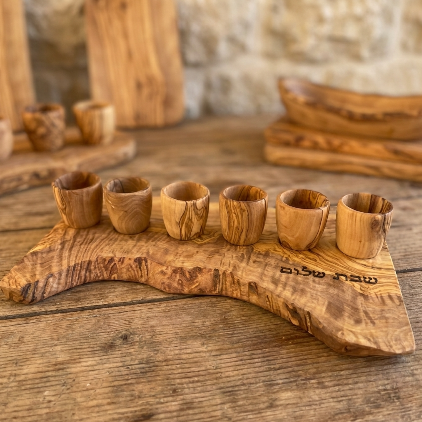 Handcrafted Olive Wood Kiddush Cup Set – Engraved Shabbat Shalom