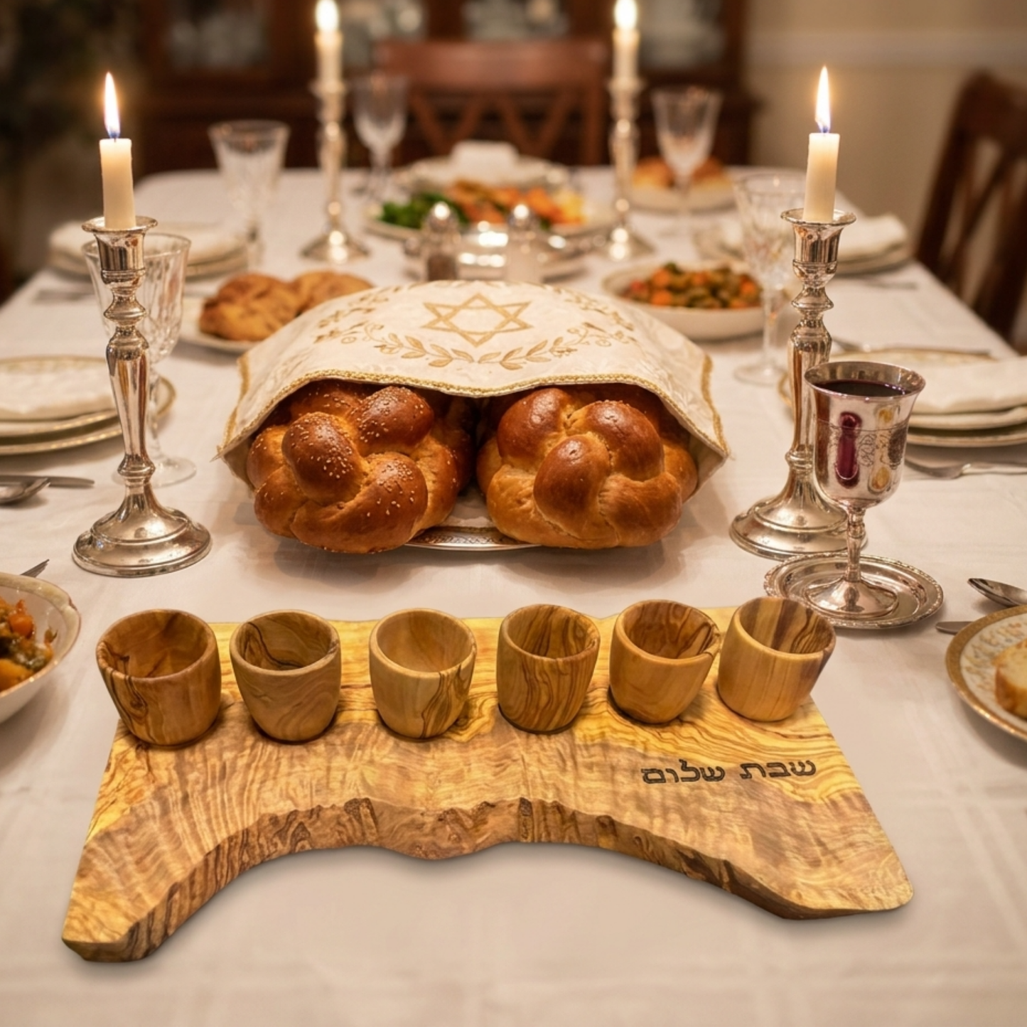 Handcrafted Olive Wood Kiddush Cup Set – Engraved Shabbat Shalom