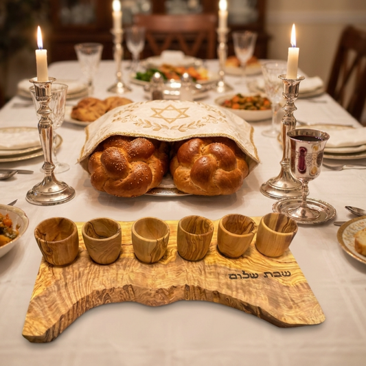 Handcrafted Olive Wood Kiddush Cup Set – Engraved Shabbat Shalom